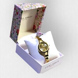 Laura Ashley Dainty Gold Bangle Watch Floral Dial‎ Elegant Ladies’ NWT Timepiece